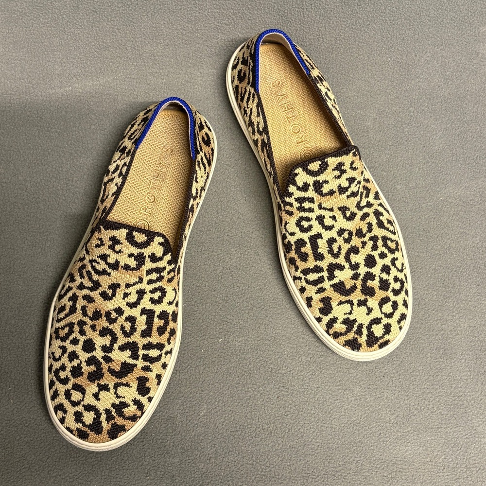 Rothy's The Sneaker Womens 8.5 Leopard Print Tan Black Excellent Slip On Shoes